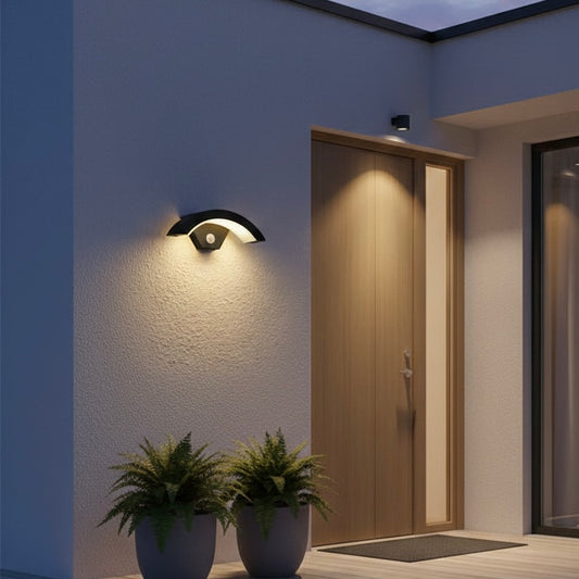 Sleek black metal and acrylic AureliaGlow outdoor wall lantern for exterior lighting.