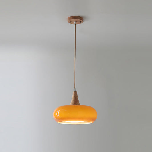 Charlotte | Glass Pendant Light with Amber Shade & Wood Top | Cozy Kitchen Pendant Lighting for Warm Ambiance 0