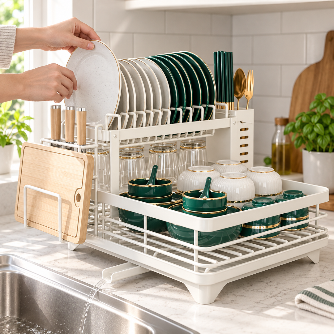 Kitchen Storage Dish Rack 2-Tier Coated Steel with 360 Rotating Drain 1