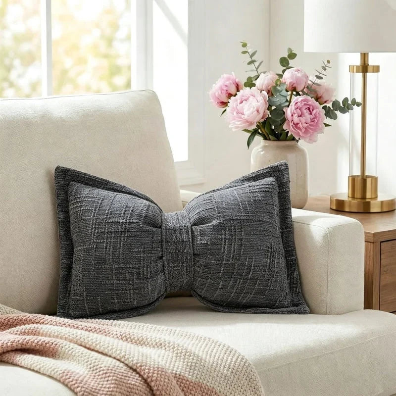 Bow Throw Pillow Shaped Chenille Plush Decorative with Fitted Insert 16
