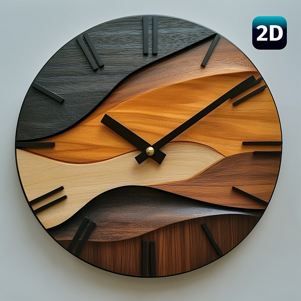Round Wall Clock Faux Wood Grain | Nordic Corrugated Design | Silent Non-Ticking Movement for Living Room, Bedroom &amp; Office 4