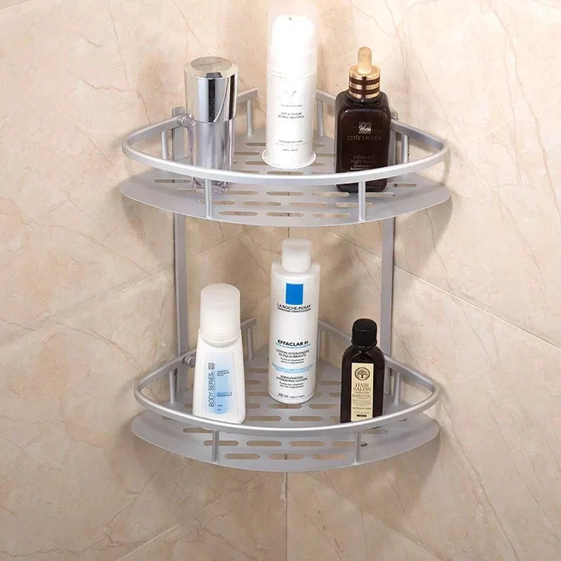 Corner Bathroom Shelf Steel 28 x 36 cm | 2-Tier Silver Sector Design | Rust-Resistant Wall-Mounted Storage Unit 1