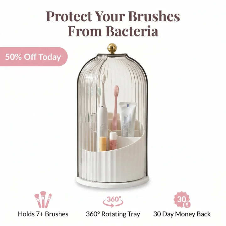 Covered Toothbrush Holder Vanity Organiser | 360-Degree Rotating Tray &amp; Sealed Dust-Proof Dome | Holds 7 Bathroom Accessories 1