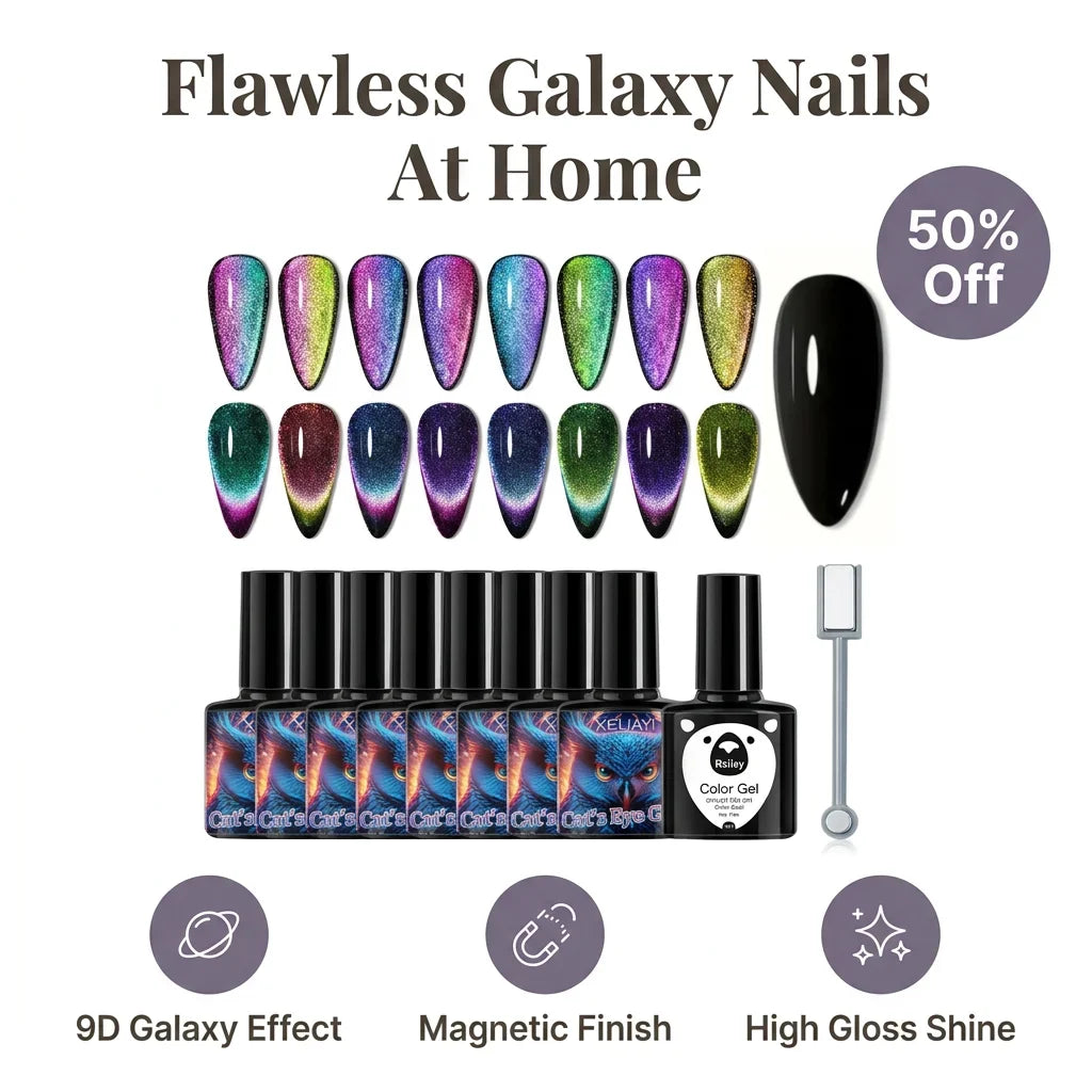 Magnetic Galaxy Nail Polish Kit | 8 Shades, Black Base Coat, Dual-Sided Magnet | Create 9D Salon-Style Nail Art at Home 1