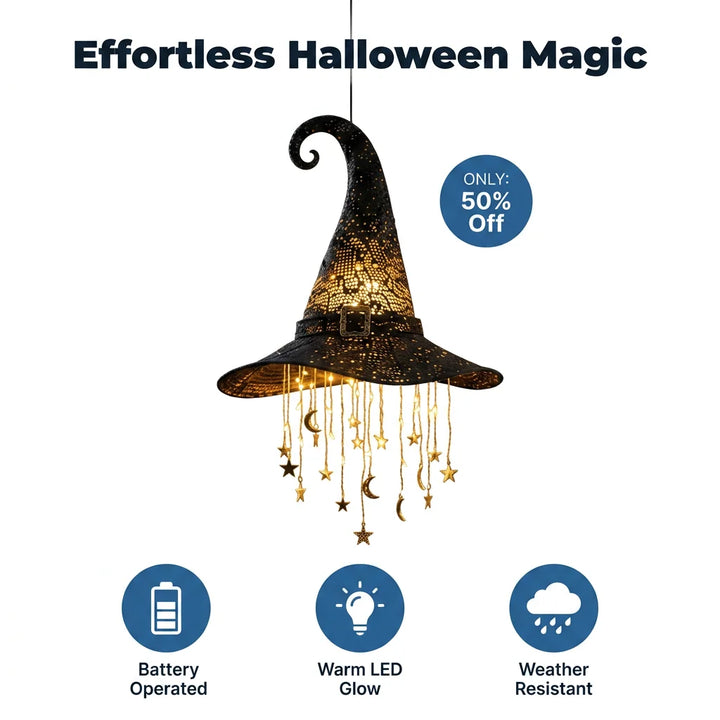 Hanging Witch Hat Light Halloween Decoration | Cascading LED Stars &amp; Moons | Battery-Powered, Glows Up to 30 Days 1