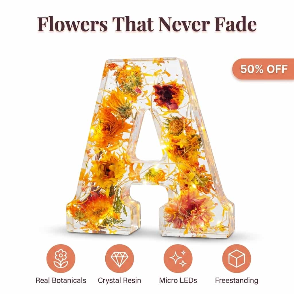 Flower Letter Lamp Resin | Real Dried Flowers &amp; LED Night Light | Personalised Initial Keepsake That Never Fades 1