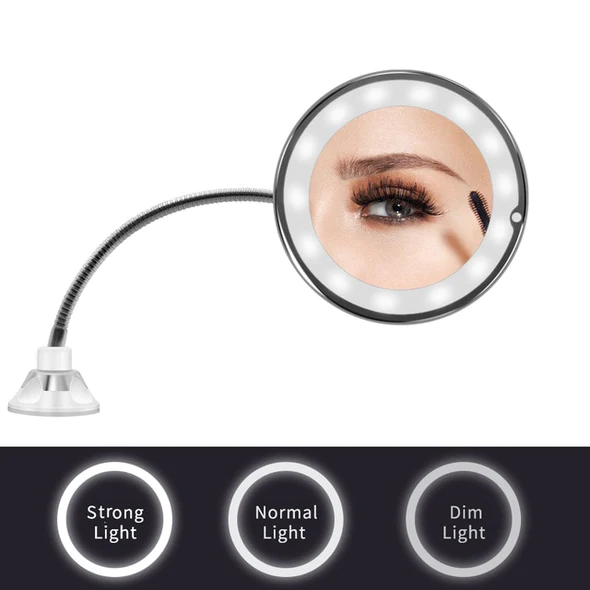 10X Magnifying LED Lighted Mirror | Flexible Gooseneck with Locking Suction Cup | 360 Degree Rotation, Cordless Design
