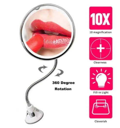 10X Magnifying LED Lighted Mirror | Flexible Gooseneck with Locking Suction Cup | 360 Degree Rotation, Cordless Design