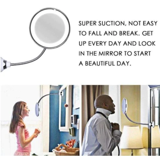10X Magnifying LED Lighted Mirror | Flexible Gooseneck with Locking Suction Cup | 360 Degree Rotation, Cordless Design