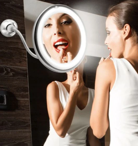 10X Magnifying LED Lighted Mirror | Flexible Gooseneck with Locking Suction Cup | 360 Degree Rotation, Cordless Design