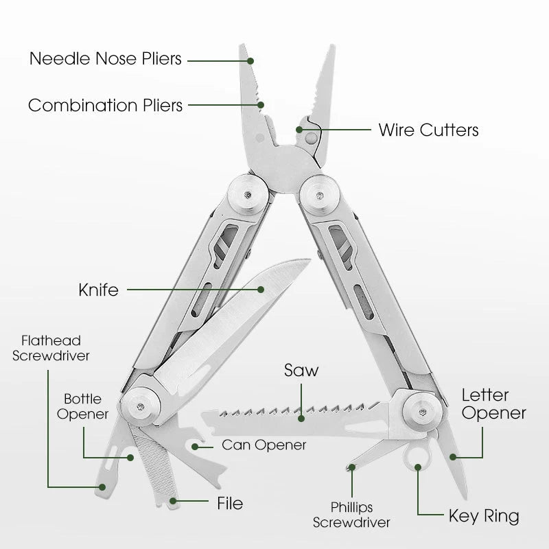 12-in-1 Folding Multitool with Pliers | Stainless Steel EDC