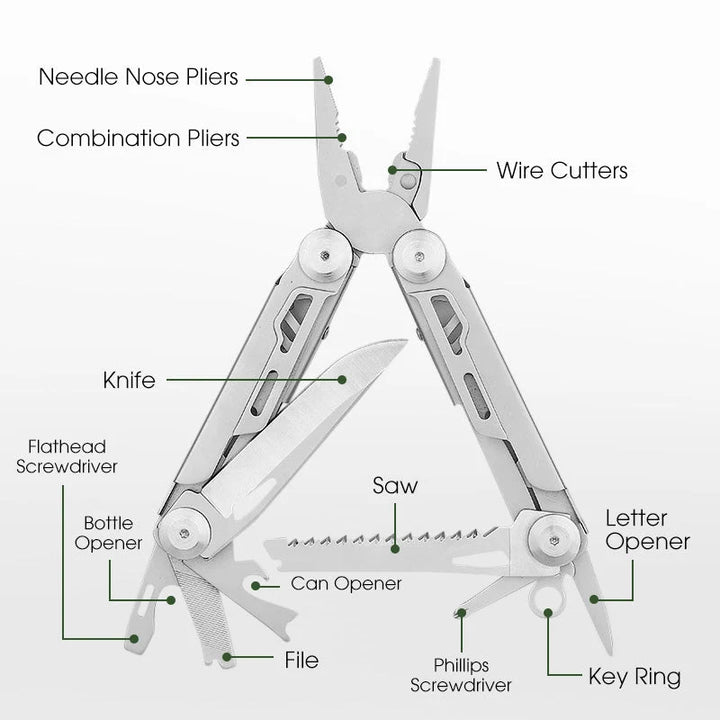 12-in-1 Folding Multitool with Pliers | Stainless Steel EDC