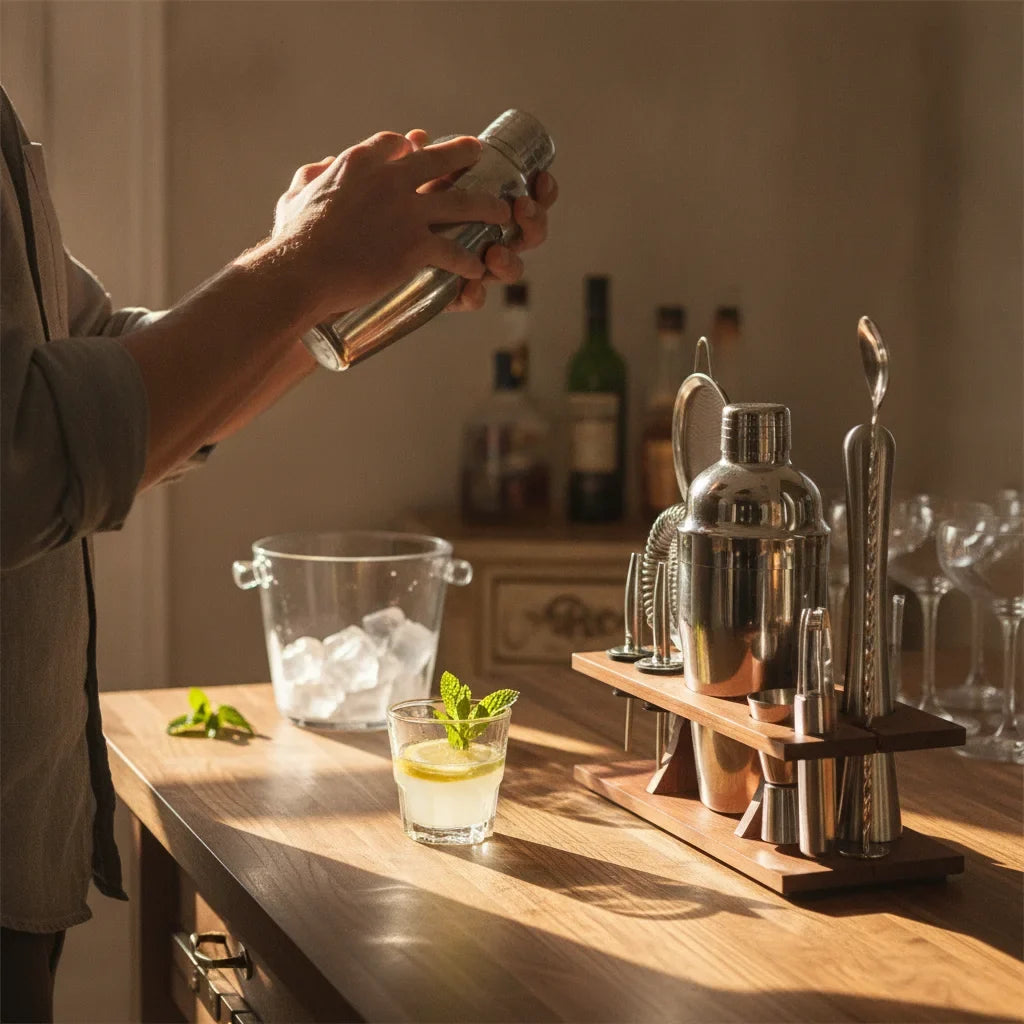 Cocktail Set with Wooden Stand | Stainless Steel Bartender Kit with Shaker and Strainers