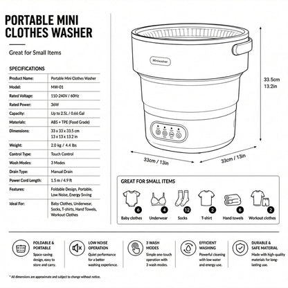 Foldable Washing Machine | 5 Wash Modes | 40dB Quiet Operation | Compact & Portable