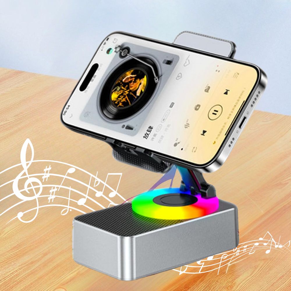 Phone Stand with Bluetooth Speaker | Adjustable Holder, BT5.0 Wireless Audio | Rechargeable 1500mAh Battery, Non-Slip Base 1