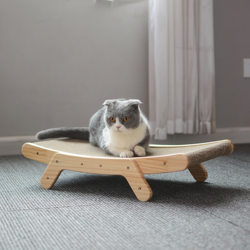 Curved Cat Scratcher Wood Frame | Ergonomic Lounge &amp; Scratching Board | Replaceable Pad Protects Furniture &amp; Reduces Clawing 1