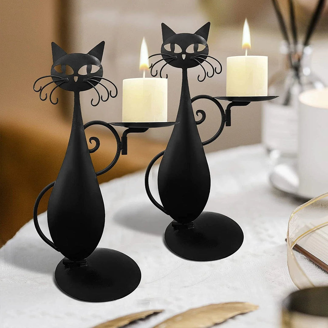 Black Cat Candle Holder Iron | Raised Tail Handle Design with Textured Fur Detail | Holds Tealights Votives Pillar Candles 1