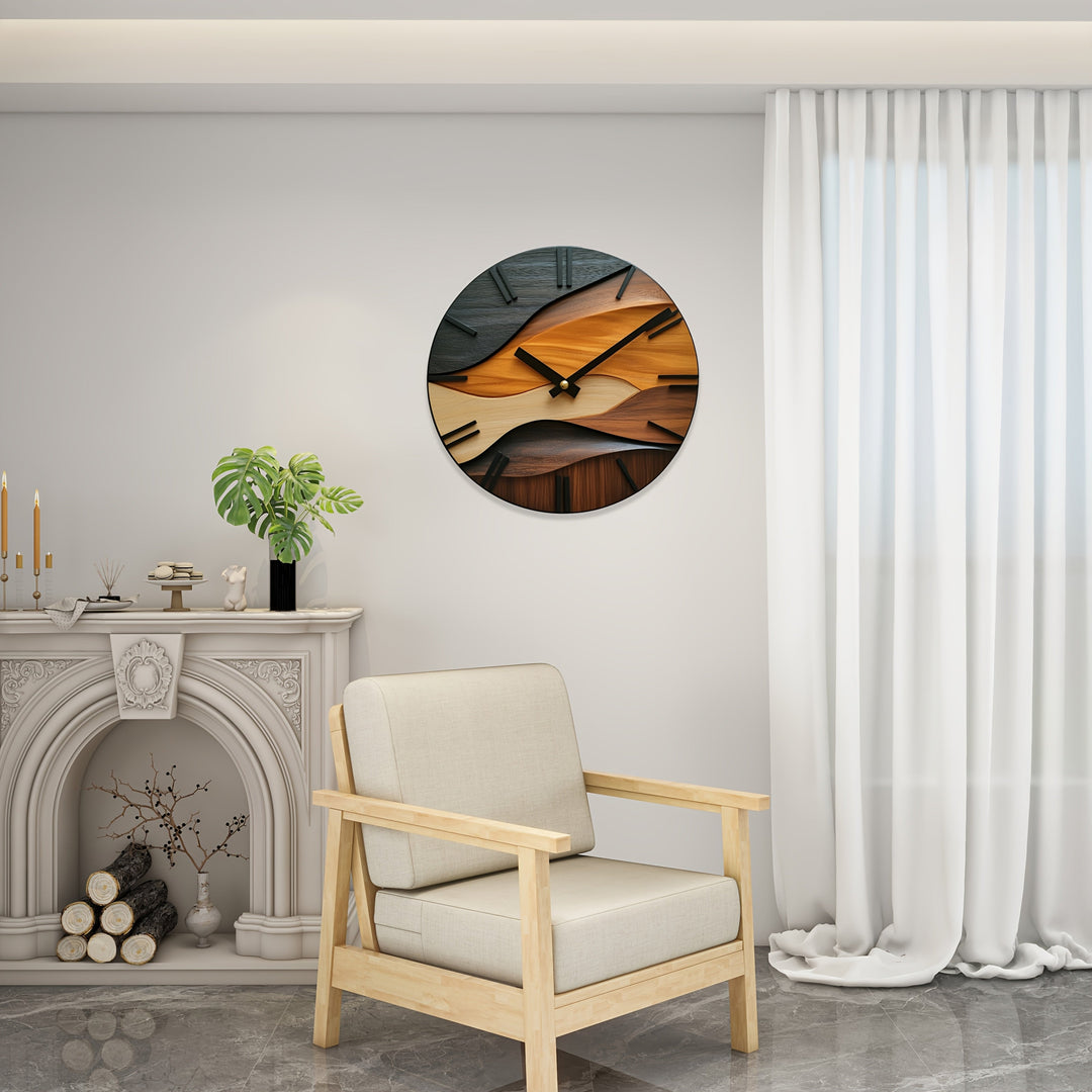 Round Wall Clock Faux Wood Grain | Nordic Corrugated Design | Silent Non-Ticking Movement for Living Room, Bedroom &amp; Office 1