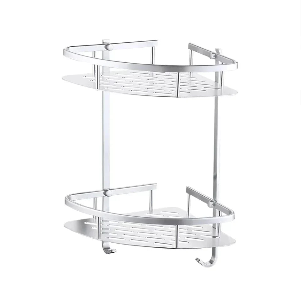 Corner Bathroom Shelf Steel 28 x 36 cm | 2-Tier Silver Sector Design | Rust-Resistant Wall-Mounted Storage Unit 2