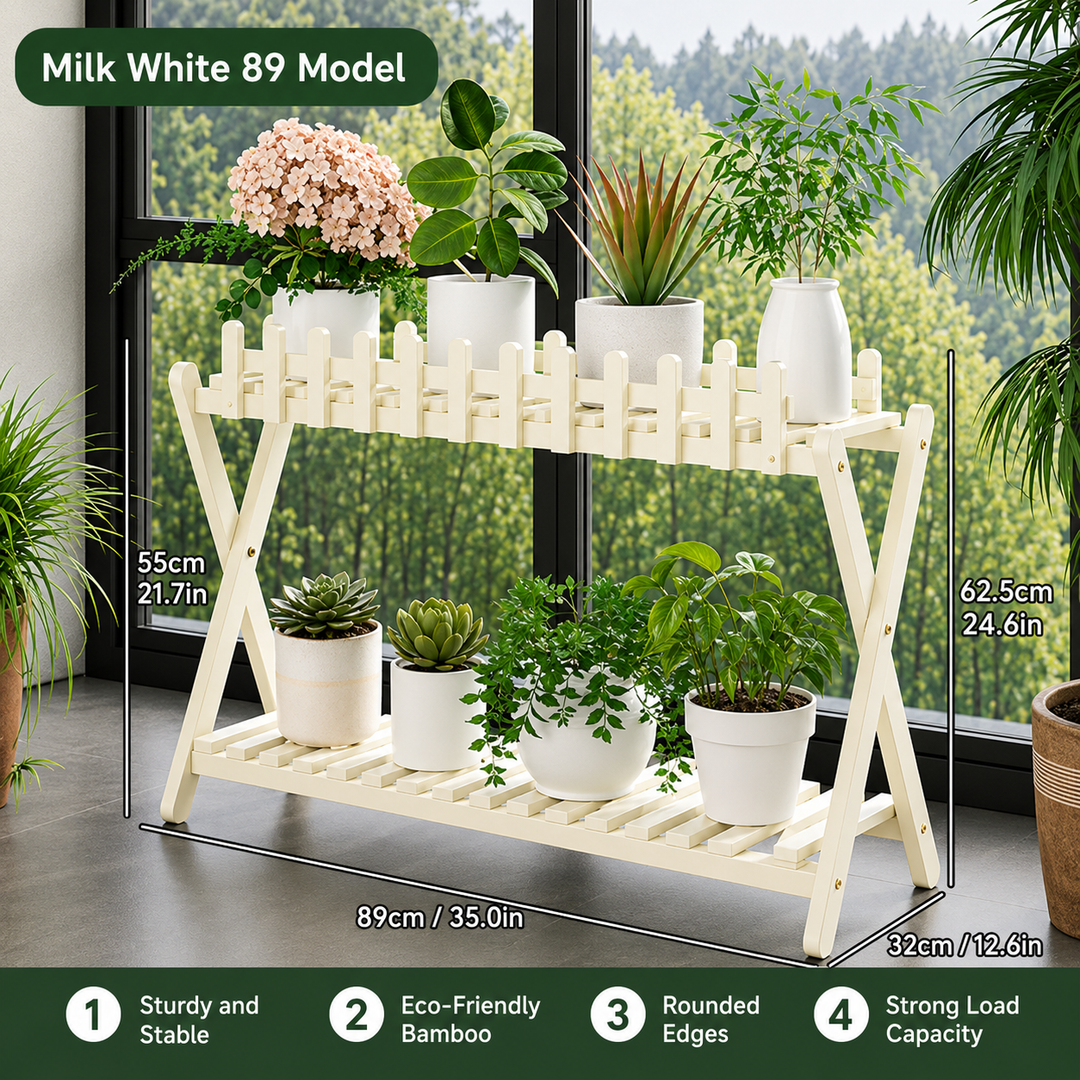 2-Tier Bamboo Plant Shelf | Fence Rail X-Frame Stand