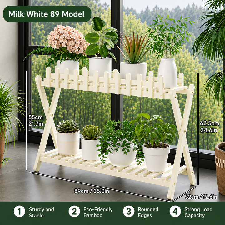 2-Tier Bamboo Plant Shelf | Fence Rail X-Frame Stand