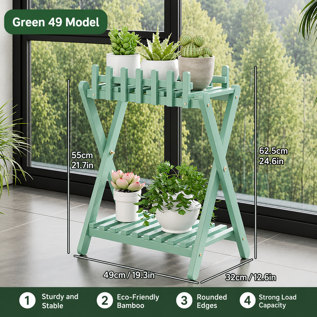 2-Tier Bamboo Plant Shelf | Fence Rail X-Frame Stand