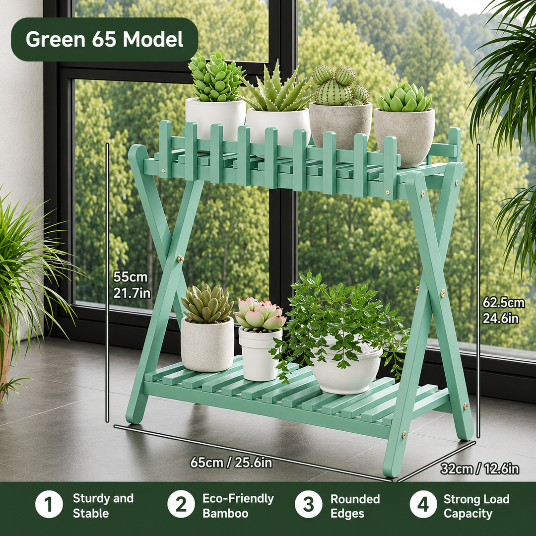 2-Tier Bamboo Plant Shelf | Fence Rail X-Frame Stand