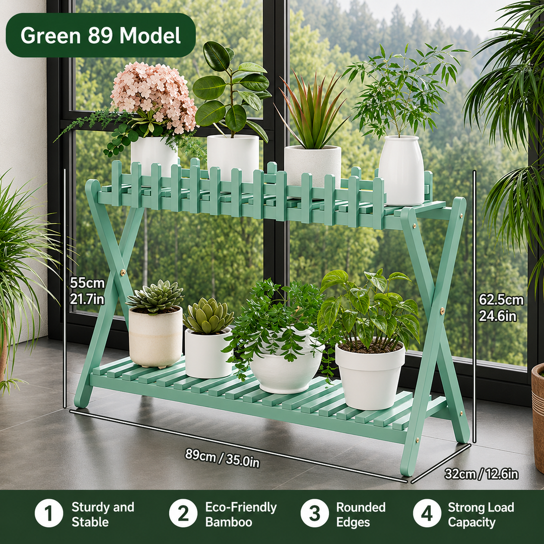 2-Tier Bamboo Plant Shelf | Fence Rail X-Frame Stand