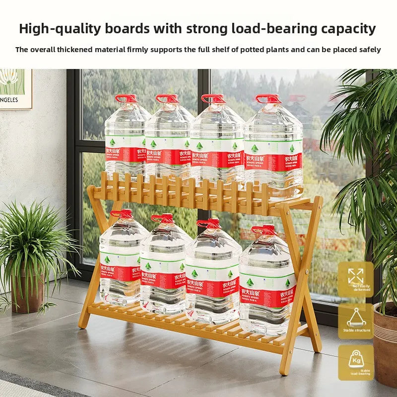 2-Tier Bamboo Plant Shelf | Fence Rail X-Frame Stand