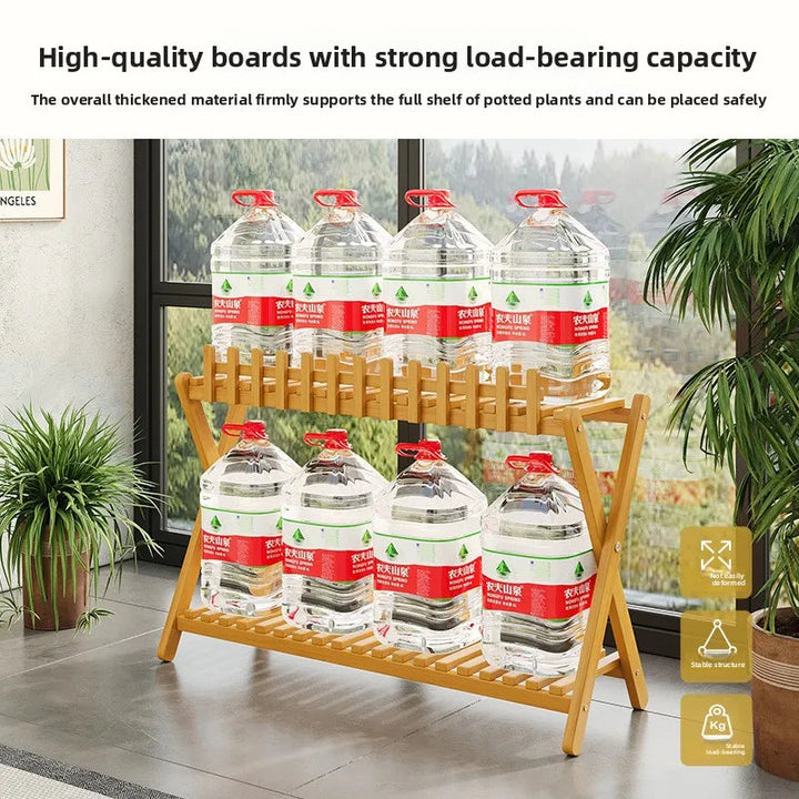 2-Tier Bamboo Plant Shelf | Fence Rail X-Frame Stand