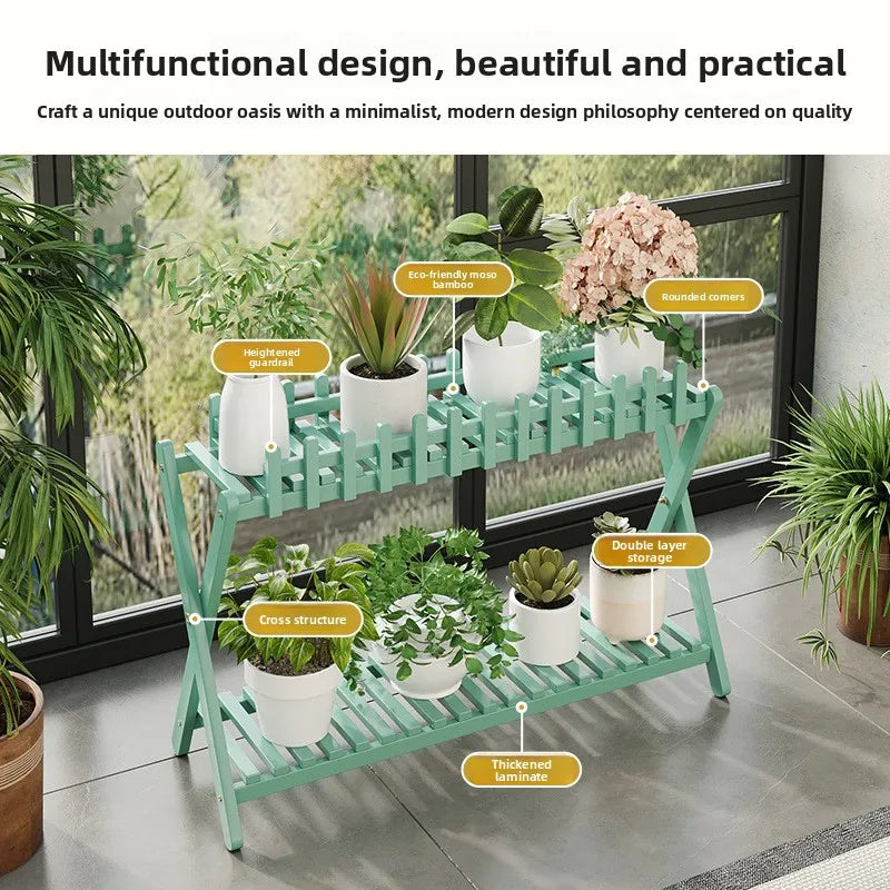 2-Tier Bamboo Plant Shelf | Fence Rail X-Frame Stand