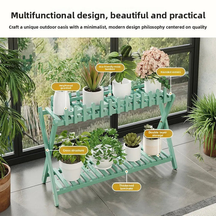2-Tier Bamboo Plant Shelf | Fence Rail X-Frame Stand