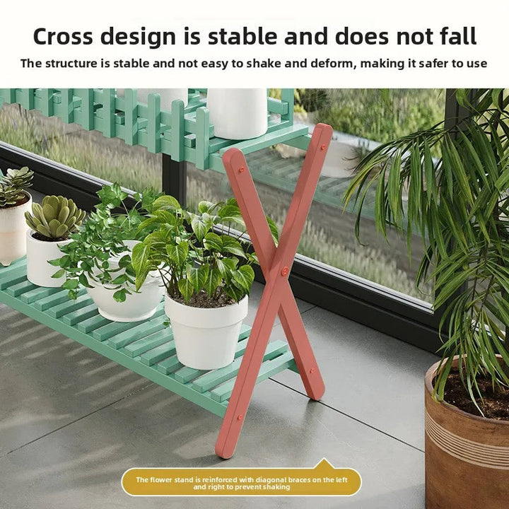 2-Tier Bamboo Plant Shelf | Fence Rail X-Frame Stand