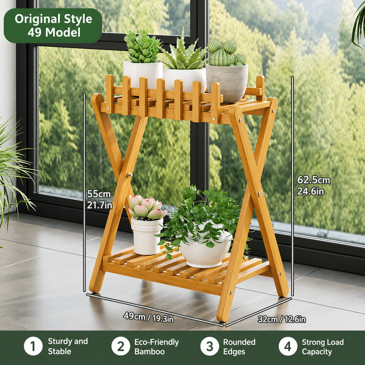2-Tier Bamboo Plant Shelf | Fence Rail X-Frame Stand