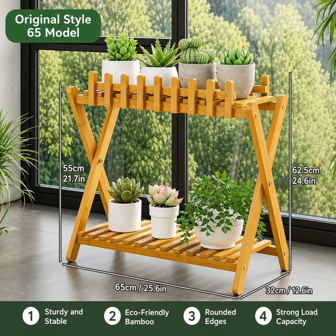 2-Tier Bamboo Plant Shelf | Fence Rail X-Frame Stand
