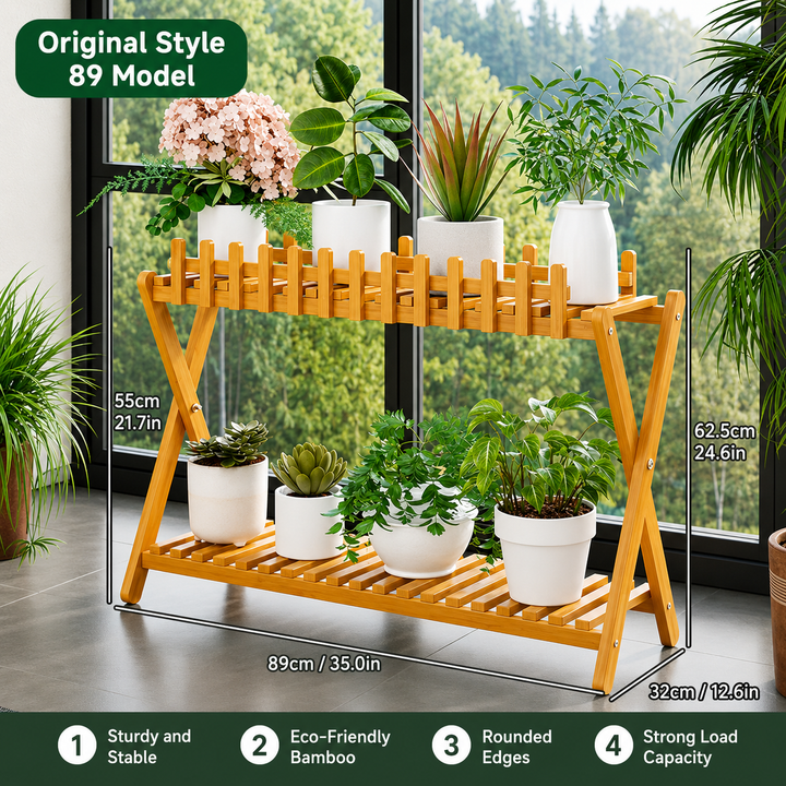 2-Tier Bamboo Plant Shelf | Fence Rail X-Frame Stand