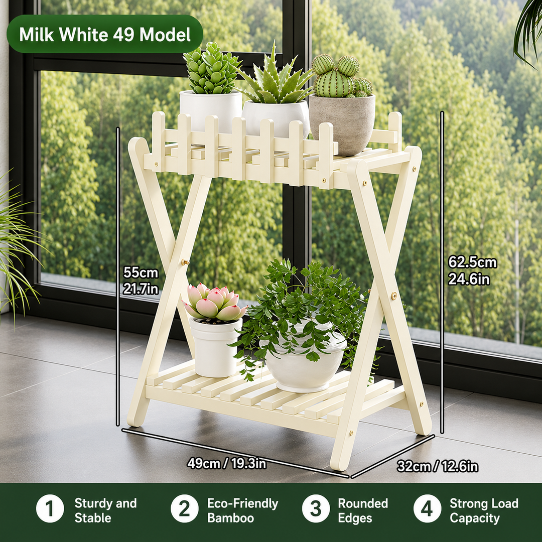 2-Tier Bamboo Plant Shelf | Fence Rail X-Frame Stand