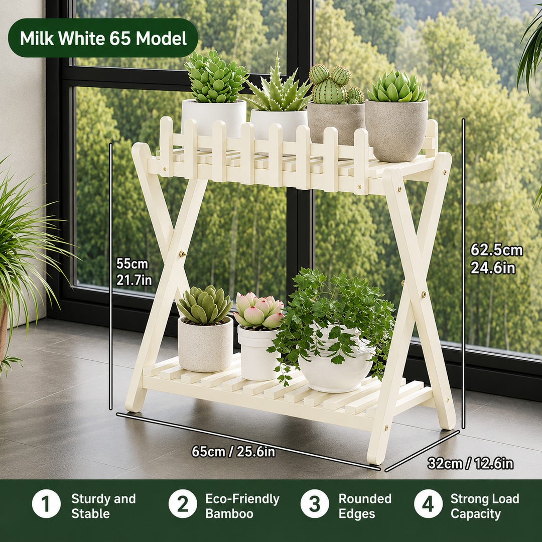 2-Tier Bamboo Plant Shelf | Fence Rail X-Frame Stand