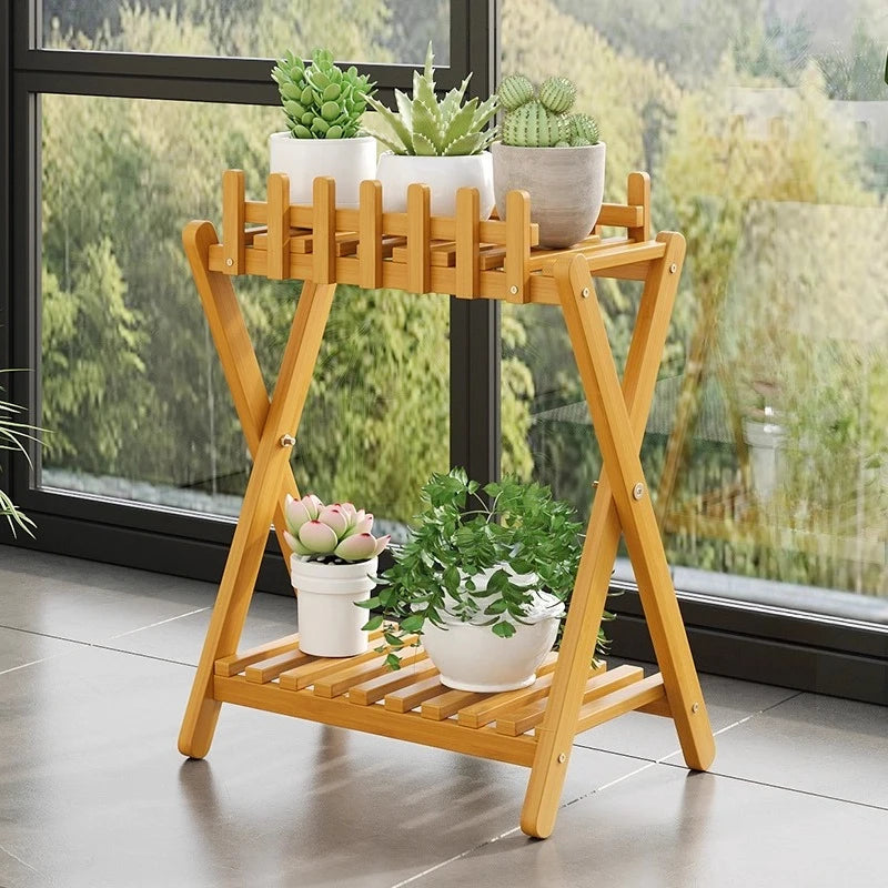 2-Tier Bamboo Plant Shelf | Fence Rail X-Frame Stand