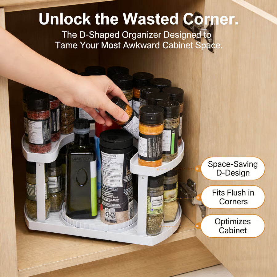 2-Tier Lazy Susan D-Shape Corner Organiser | 360° Rotating Cabinet Turntable | Maximises Kitchen Storage Space