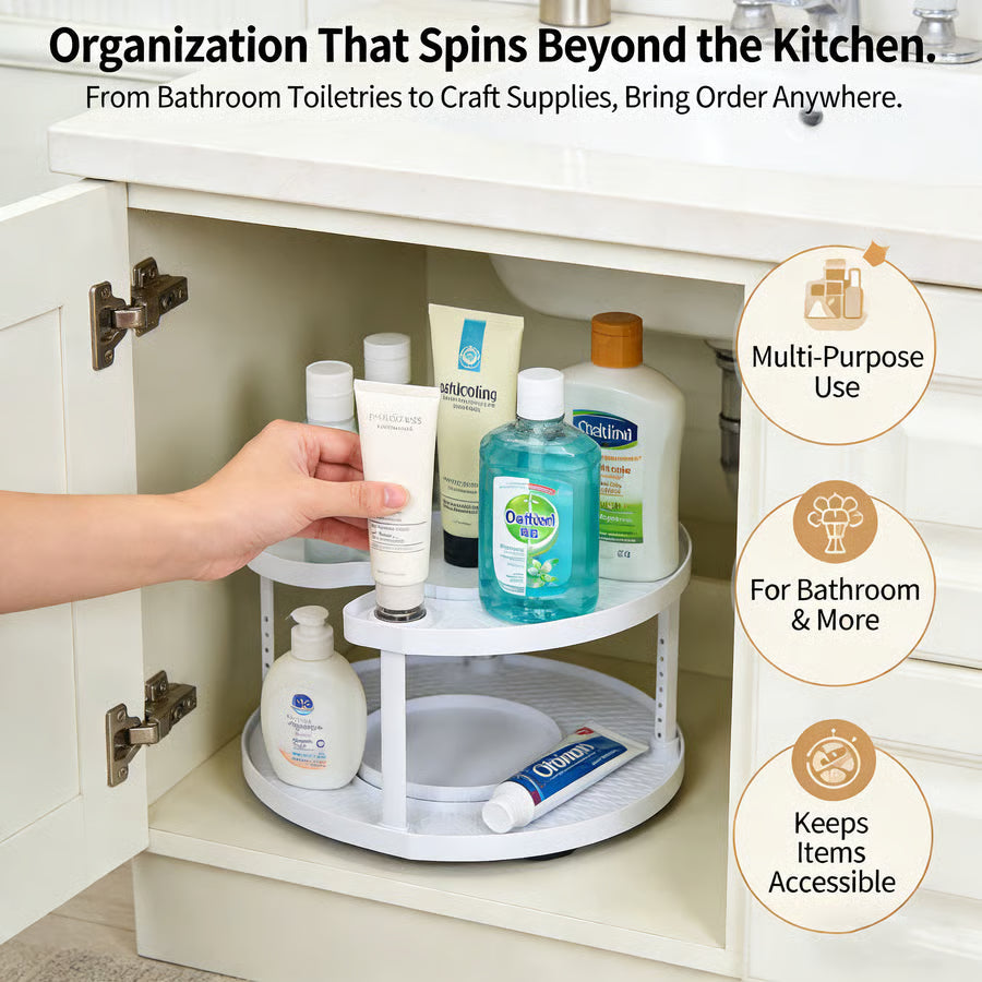 2-Tier Lazy Susan D-Shape Corner Organiser | 360° Rotating Cabinet Turntable | Maximises Kitchen Storage Space