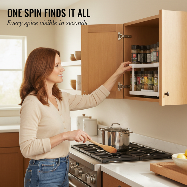 2-Tier Rotating Spice Rack | Independent Rotating Tiers, Adjustable Height Levels | Holds Up to 40 Jars, Non-Slip Polymer Base