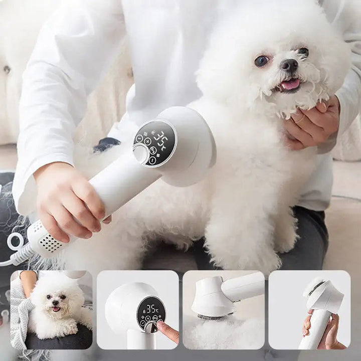2 in 1 Dog Hair Dryer with Slicker Brush | Adjustable Heat 35-65°C &amp; 4-Speed Airflow | Quiet 55dB Pet Grooming Dryer