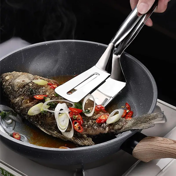 2-in-1 Stainless Steel Turner and Grabber | Grill Spatula Tongs
