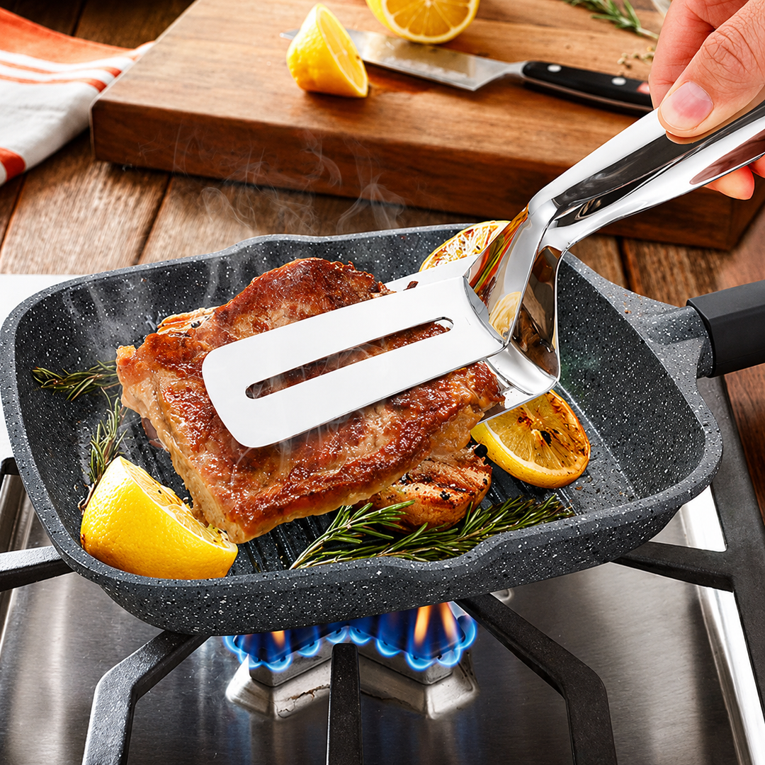 2-in-1 Stainless Steel Turner and Grabber | Grill Spatula Tongs