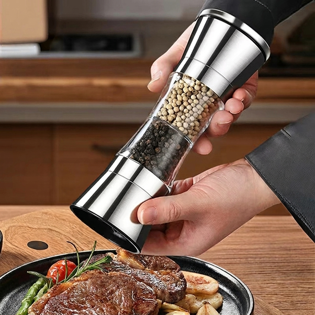 2-in-1 Stainless Steel Spice Mill with Dual Grinders for Salt and Pepper - Adjustable Coarseness, Ergonomic Design 3