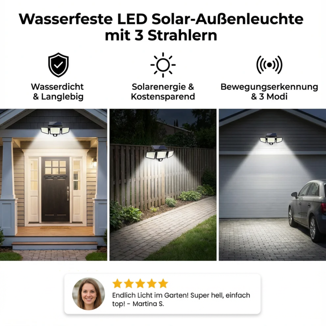 Solar Security Light with Motion Sensor | 3 Adjustable LED Panels, Waterproof | Wire-Free Outdoor Security Lighting 3