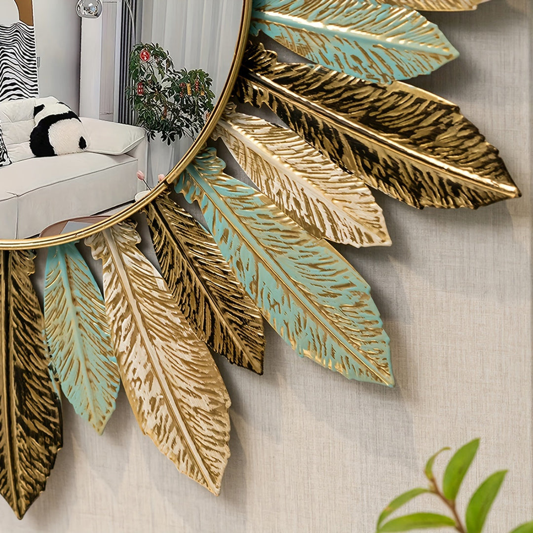 Sunburst Metal Wall Mirror | Handcrafted Leaf Detail Design | Bohemian Accent for Living Room, Bedroom or Hallway 5