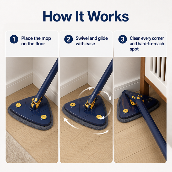 Rotating Triangular Mop Microfiber | 360° Swivel Head, Telescopic Handle, Self-Wringing | Washable Microfiber Pads 3