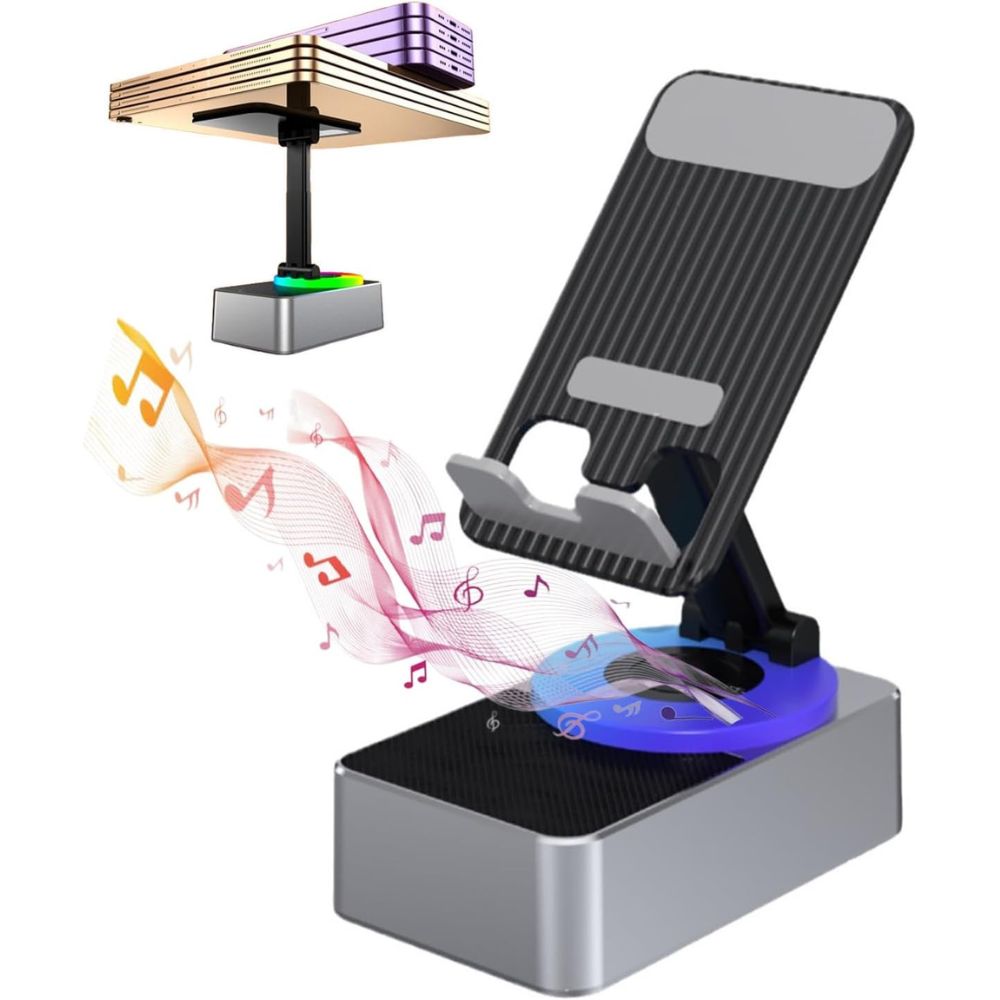 Phone Stand with Bluetooth Speaker | Adjustable Holder, BT5.0 Wireless Audio | Rechargeable 1500mAh Battery, Non-Slip Base 4
